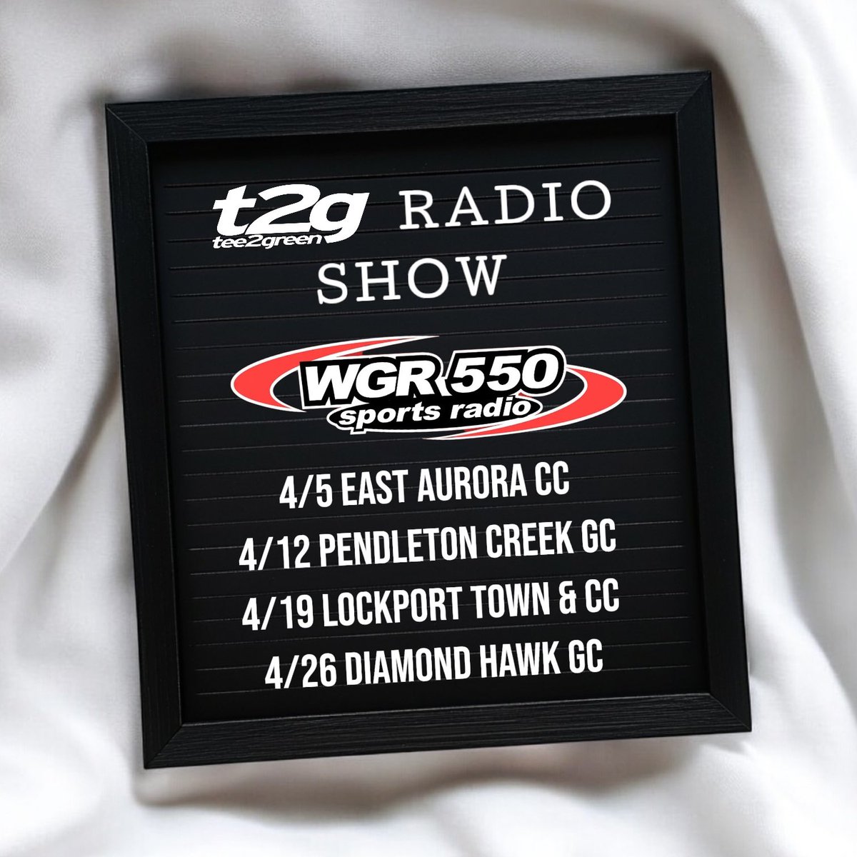 Tee 2 Green (@t2gbuffalo) on Twitter photo Here’s our April radio show tour! ⛳️
<a href="/EastAuroraCC/">East Aurora Country Club</a> <a href="/PCGolfClub/">Pendleton Creek Golf Club</a> <a href="/LockportCC/">Lockport CC Golf</a> <a href="/DiamondHawkGolf/">Diamond Hawk Golf Course and Pub</a>
<a href="/WGR550/">WGR 550</a> Here’s our April radio show tour! ⛳️
<a href="/EastAuroraCC/">East Aurora Country Club</a> <a href="/PCGolfClub/">Pendleton Creek Golf Club</a> <a href="/LockportCC/">Lockport CC Golf</a> <a href="/DiamondHawkGolf/">Diamond Hawk Golf Course and Pub</a>
<a href="/WGR550/">WGR 550</a>
