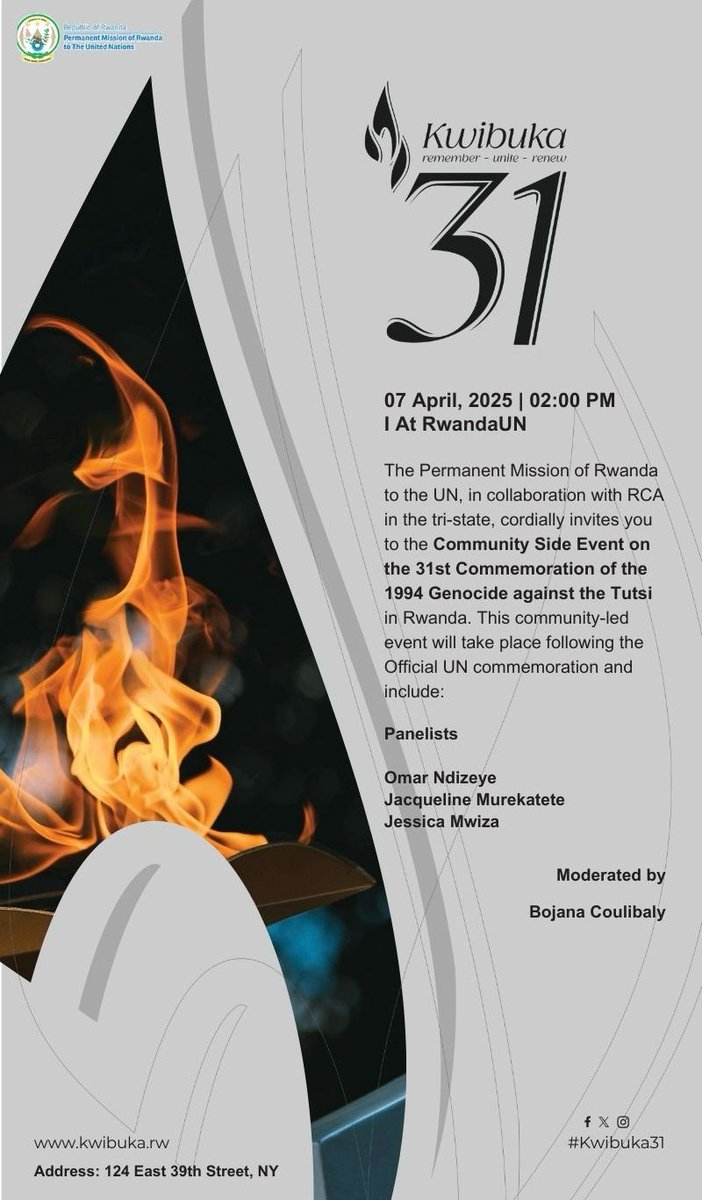gsf94's tweet photo. Please join us this Monday April 7th for the beginning of #Kwibuka31 . If you are unable to make the UN program in person, you can watch it live here:
https://t.co/9x1t0LT97k https://t.co/Yg0CEKjMmA