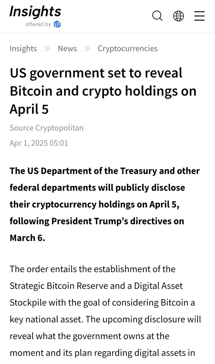 🚨 🚨 BREAKING NEWS: Tomorrow Saturday 4/5/25 the White House will reveal  the US Strategic Cryptos Reserve Holding Number. President Trump announced  before the top 5 Cryptos on the list of Strategic