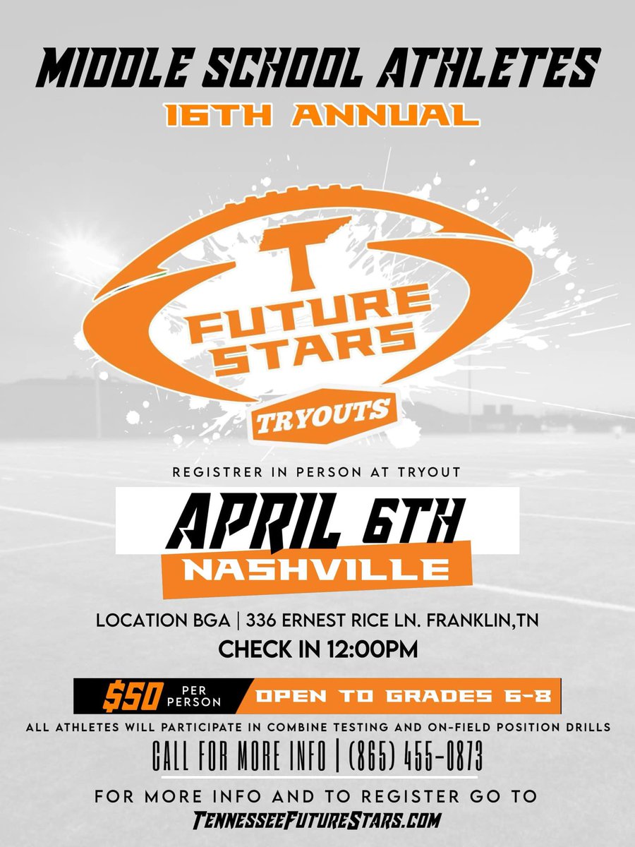 Nashville Tryouts Info: BGA has an indoor field so we are on rain/shine. 

All participants must sign up online. You pay (cash) at check in Sunday. 

Bring cleats. QB’s bring 🏈