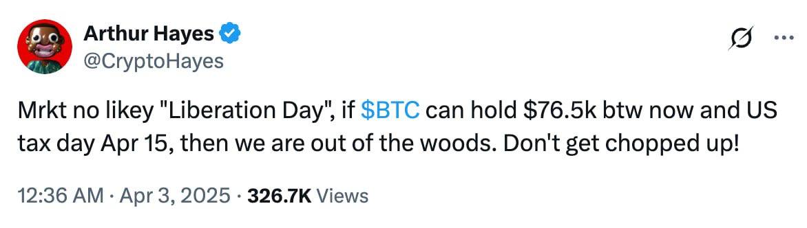 Cointelegraph's tweet photo. 🚨 LATEST: Arthur Hayes says if Bitcoin holds above $76.5K until U.S. Tax Day on April 15, “we are out of the woods.” https://t.co/VY8cgd5j8t