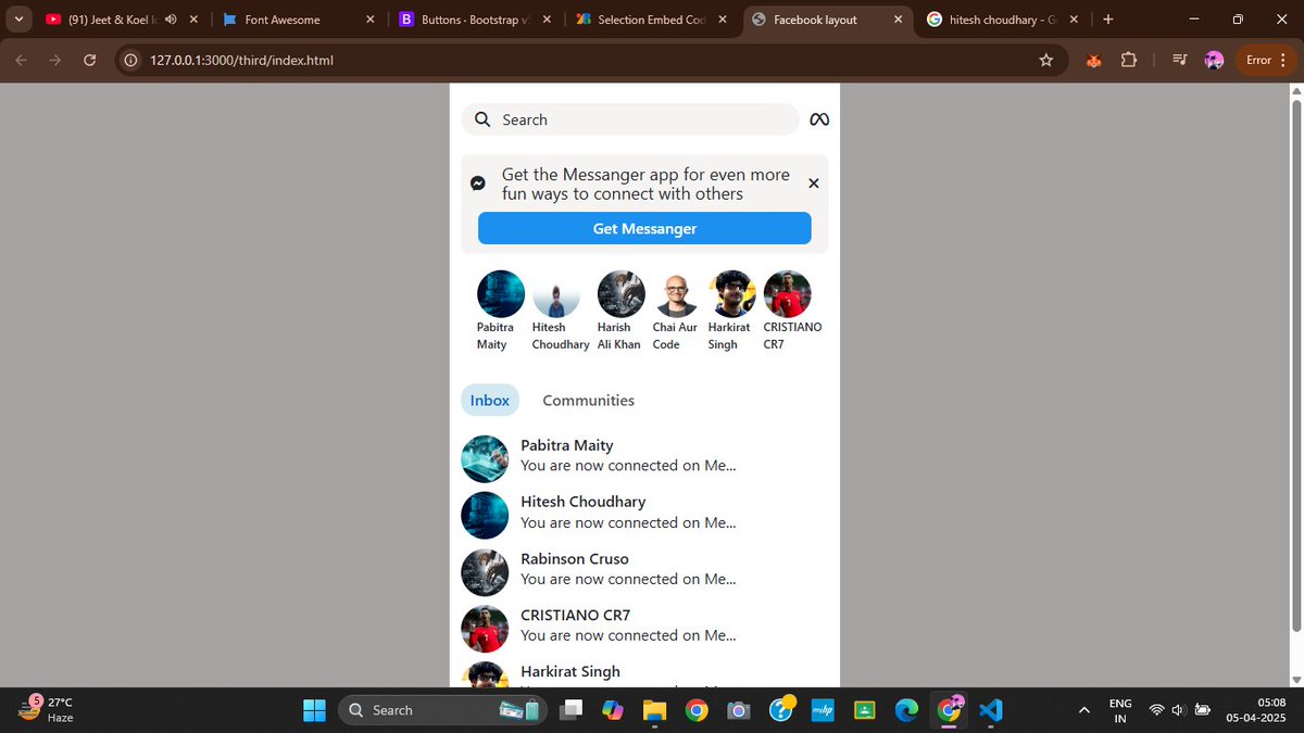 CodeX_Pabitra's tweet image. GM Folks !! 
Just finished building the Facebook Messenger interface using #HTML5 and #CSS3 . 
hope you are doing extremely well✨💻✨
lets connect . #letsconnect #buildinPublic #fullStack @X