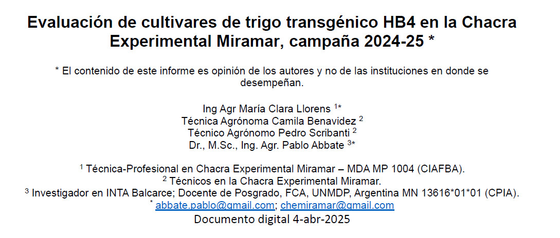 Es un gusto compartir con ustedes el link a un informe de evaluación de trigo HB4 que preparamos con Clara Llorens, Camila Benavidez y Pedro Scribanti de la Chaca Miramar. Esperamos que le resulte de interés. t.ly/pMCXW