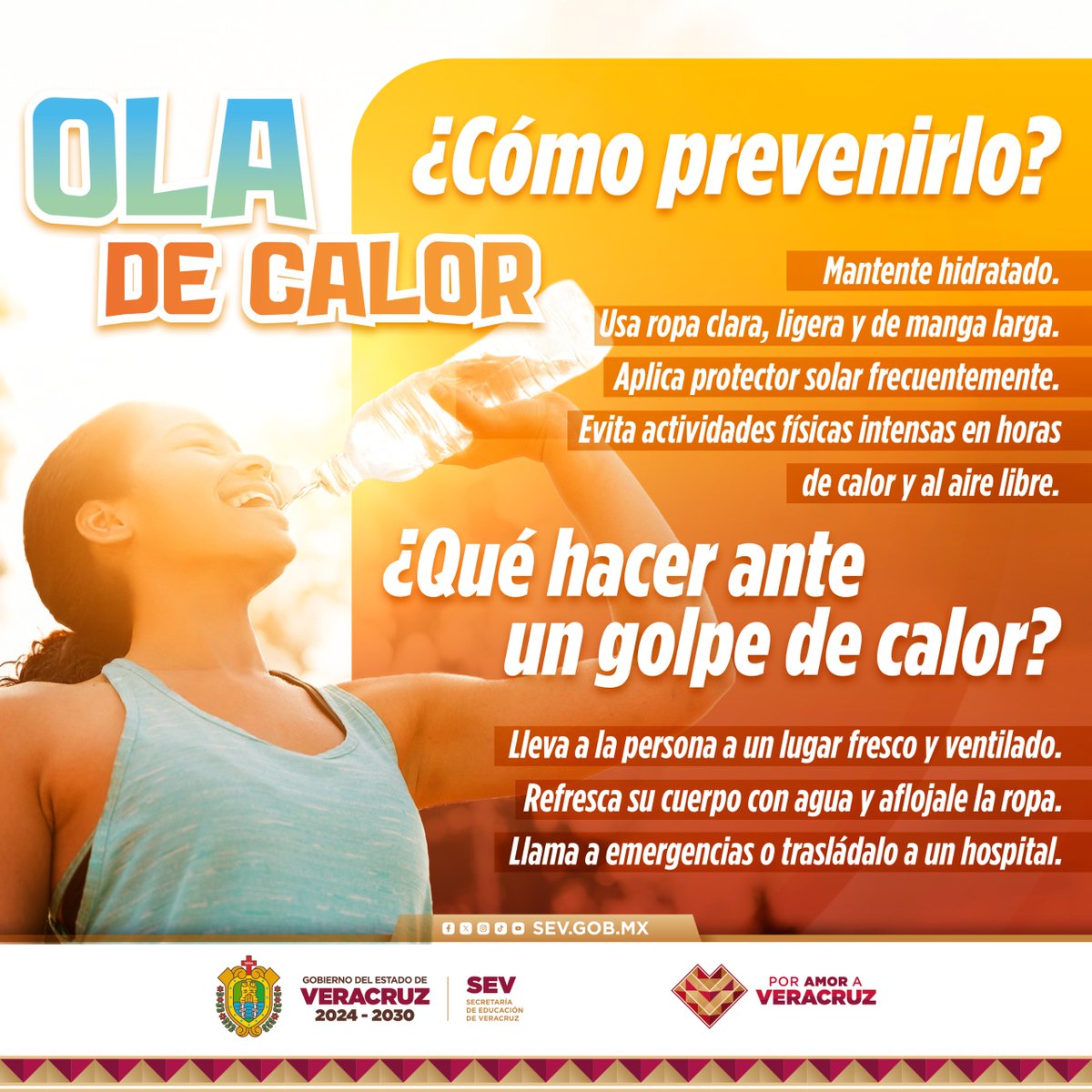 SEducacionVer's tweet photo. ATENCIÓN | ☀️🔥Ante la permanencia de temperaturas altas en el estado de #Veracruz, es importante tomar precauciones. 

Te dejamos las siguientes recomendaciones 👇, ¡ayúdanos a compartirlas! https://t.co/fmPvhmKlED