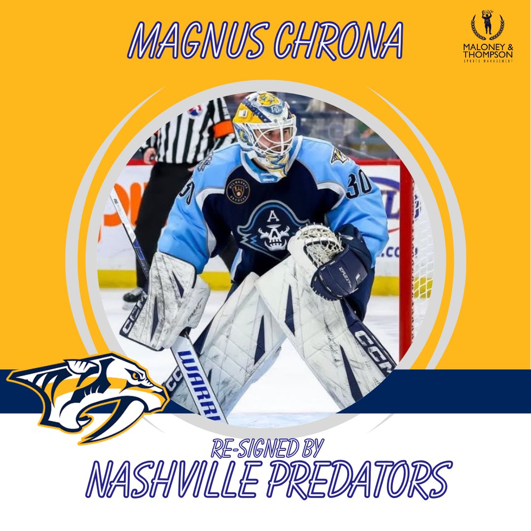 Maloney & Thompson Sports Management (@maloneythompson) on Twitter photo The Nashville Predators have re-signed goaltender Magnus Chrona to an NHL contract. Magnus played 9 games in the NHL during the past two seasons, while playing mostly in the AHL. Previously Magnus won an NCAA National Championship with Denver University. <a href="/mchrona/">Magnus Chrona</a>
<a href="/PredsNHL/">Nashville Predators</a> The Nashville Predators have re-signed goaltender Magnus Chrona to an NHL contract. Magnus played 9 games in the NHL during the past two seasons, while playing mostly in the AHL. Previously Magnus won an NCAA National Championship with Denver University. <a href="/mchrona/">Magnus Chrona</a>
<a href="/PredsNHL/">Nashville Predators</a>