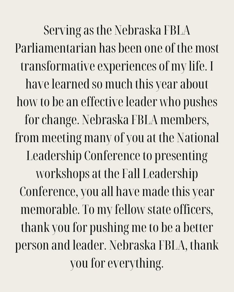 Only SIX days remain until the Nebraska FBLA State Leadership Conference kicks off! To begin our countdown, let's bid farewell to our 2024-2025 State Parliamentarian, Sarah Lange!
