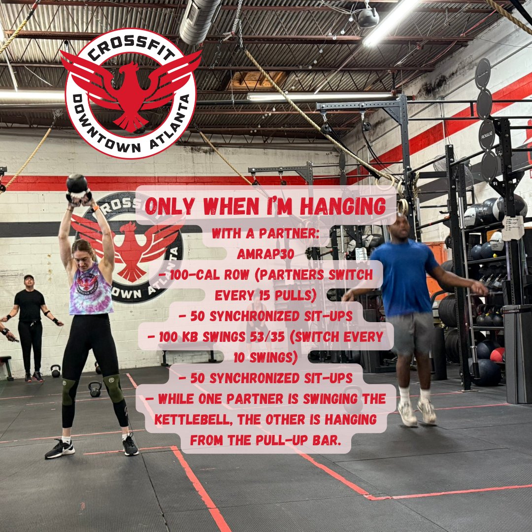 cfdowntownatl's tweet photo. 250405 "Only When I’m Hanging" #partnerwod #amrap #rowing #situp #kettlebeswing #cfda #liftheavy #runfast #havefun #bewell #cabbagetown #crossfitwod #committedtocrossfit #crossfit #WOD #CFWOD #workout https://t.co/Gf0f6gu5gl