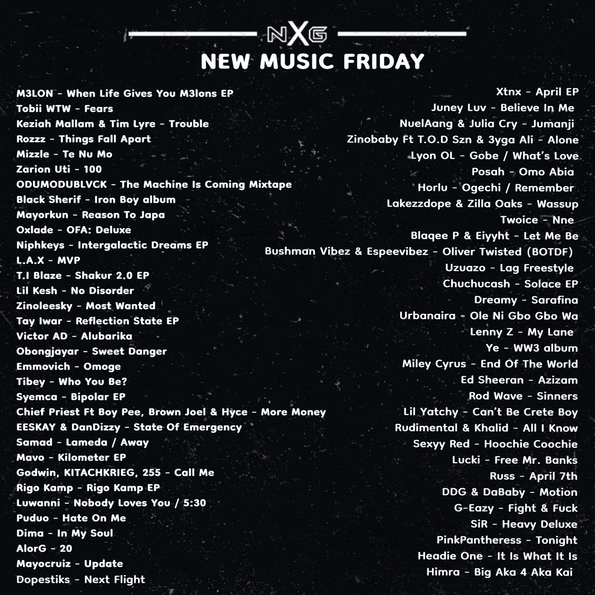 NEW MUSIC FRIDAY

Link To Playlist👇
open.spotify.com/playlist/3fu8f…
 
M3LON - When Life Gives You M3lons EP
Tobii WTW - Fears
Keziah Mallam &amp; Tim Lyre - Trouble
Rozzz - Things Fall Apart
Mizzle - Te Nu Mo
Zarion Uti - 100
ODUMODUBLVCK - The Machine Is Coming Mixtape
Black Sherif - Iron