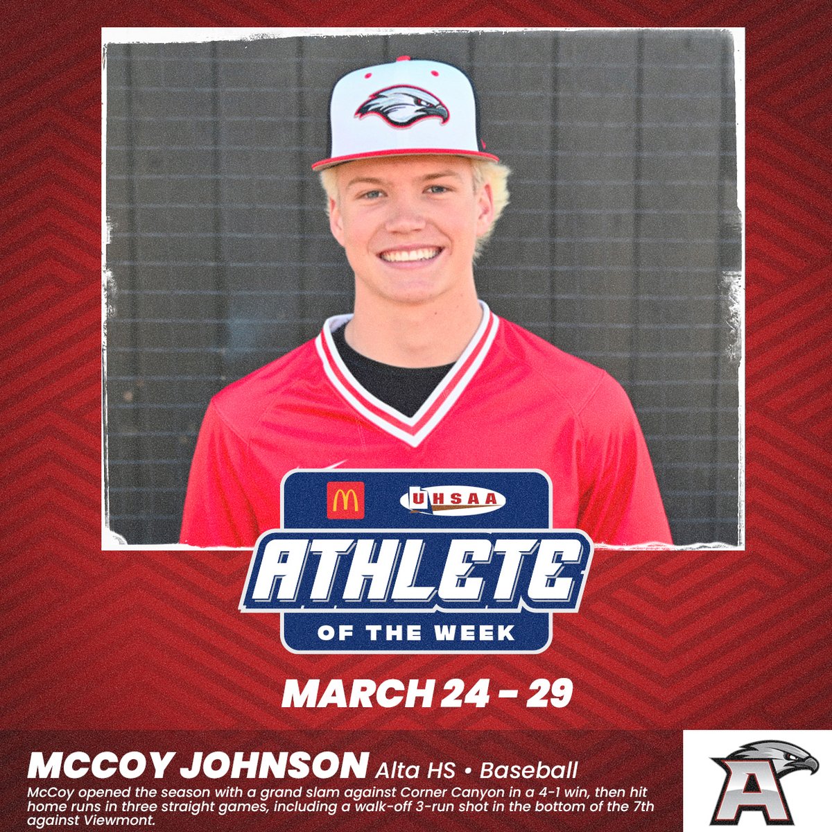 McDonald's and the UHSAA congratulate McCoy Johnson of Alta High School for being named Athlete of the Week!! Congratulations, McCoy!