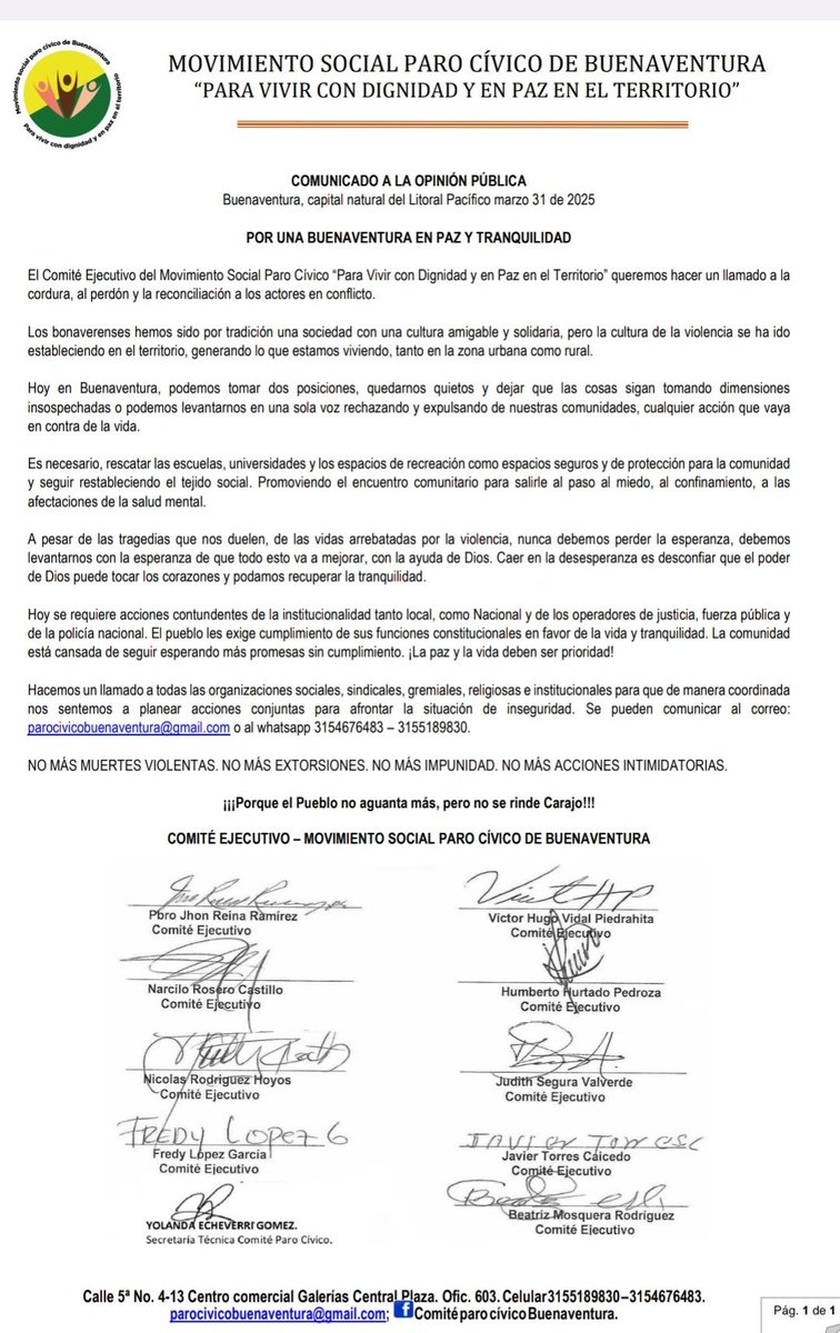 Comunicado Po Una Buenaventura en Paz y Tranquila 

#SosBuenaventura 
<a href="/FranciaMarquezM/">Francia Márquez Mina</a> <a href="/petrogustavo/">Gustavo Petro</a> <a href="/MinjusticiaCo/">MinJusticia Colombia</a> <a href="/MinInterior/">MinInterior Colombia</a>