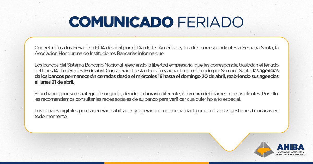 📢 Aviso Importante 📢

🏦 Las agencias bancarias estarán cerradas del 16 al 20 de abril y reabrirán el lunes 21.

💻 Los canales digitales seguirán operando con normalidad. Para más información, consulta las redes de tu banco.