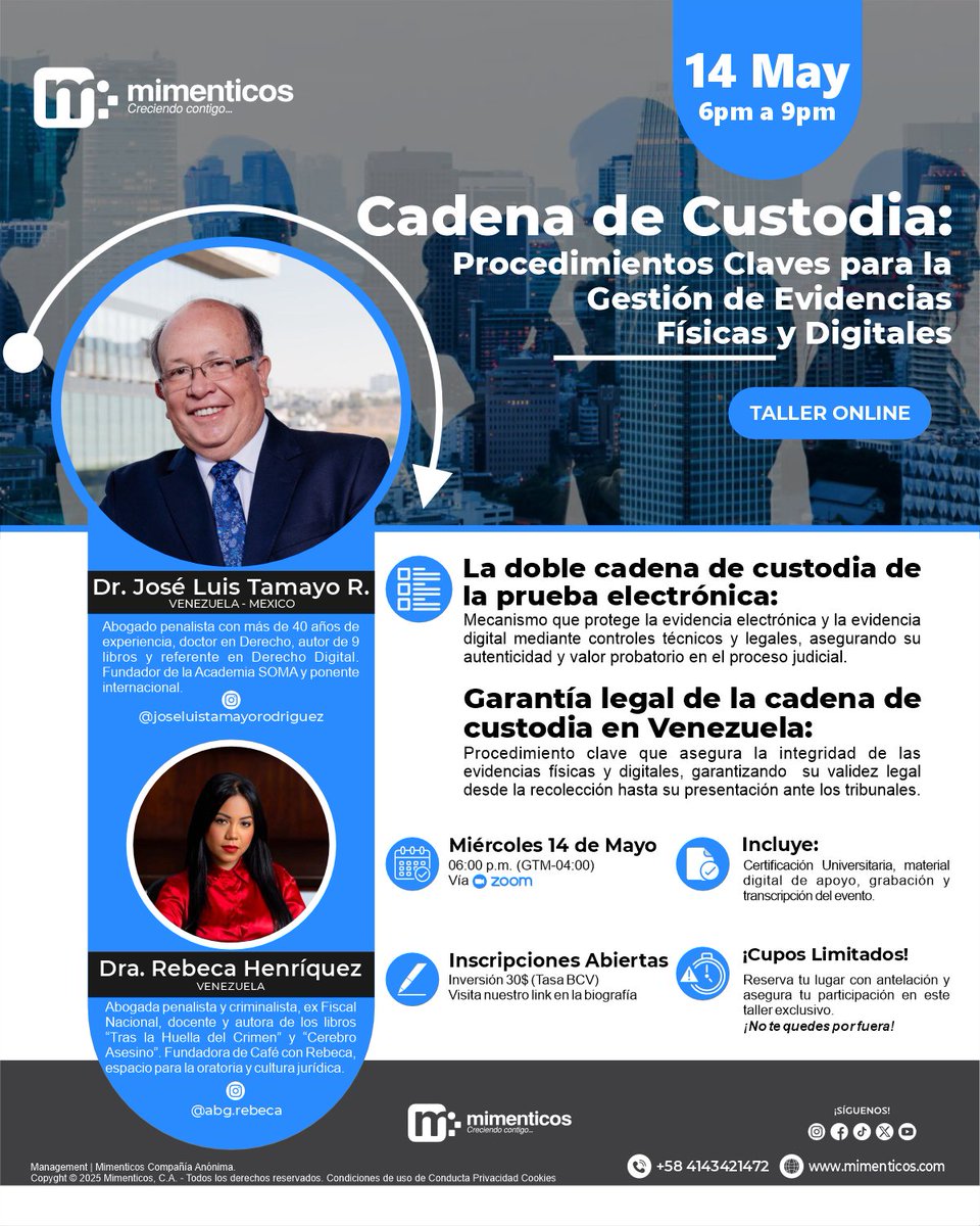 🔐💻 ¡Asegura la integridad de tus evidencias físicas y digitales!

Inscríbete en nuestro Taller Virtual "Cadena de Custodia: Procedimientos Claves para la Gestión de Evidencias Físicas y Digitales"

📅 14 de mayo | 🕒 6:00 p.m. | 🌐 Online vía Zoom