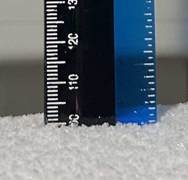 Snow in Paradise as of  9:30pm.  10.0 cm and 3.0 mm water equivalent from my heated rain cone (snow to water ratio 33:1).  #NLwx