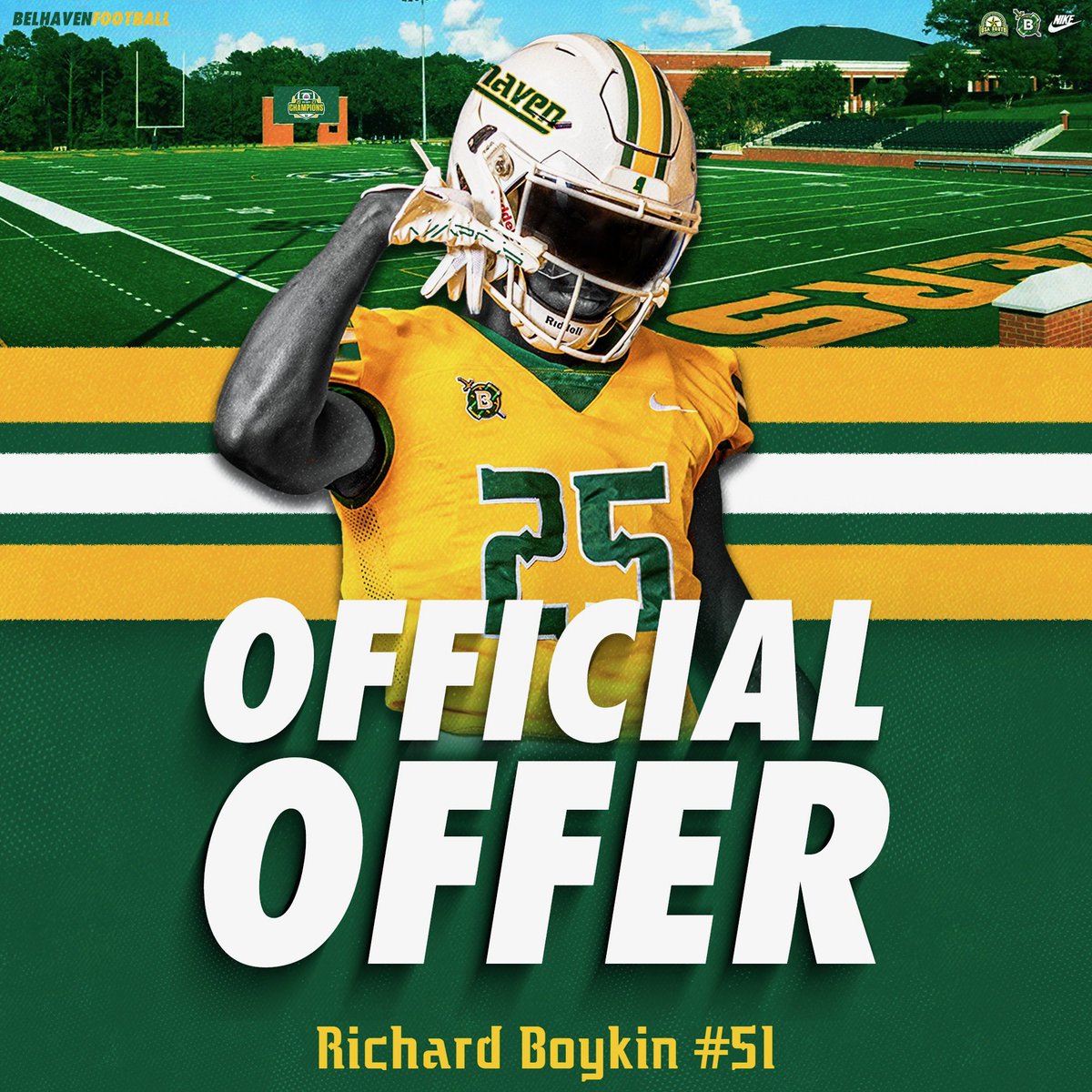 After a great talk with <a href="/Coach_CDN2/">CJ Nightingale</a> I and blessed to receive my first offer from belhaven university 🟢🟡 
<a href="/CoachColeman/">Jamie Coleman</a> <a href="/cdougher9/">Cameron Dougher</a> <a href="/_groneal/">Greg O’Neal</a> <a href="/CoachHectorne/">Dustin Hectorne</a> <a href="/Jordan_Black10/">Coach Black🏈</a> <a href="/FamilyMANFATHER/">James McGowen</a>