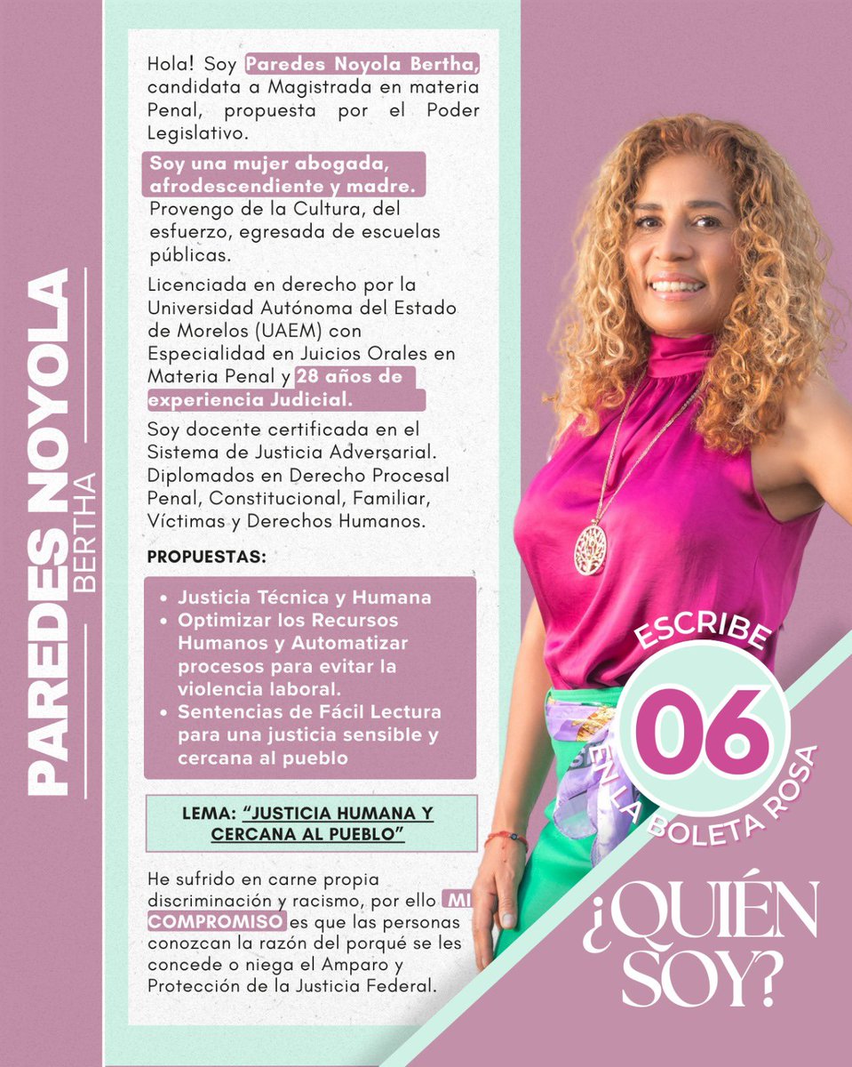 Amigos de #Cuernavaca, #Temixco, #Zapata y #Jiutepec soy Paredes Noyola Bertha, los invito a que me conozcan un poco más sobre mi trayectoria y mis compromisos y descubran quién soy y el porqué quiero ser su Magistrada de Circuito en Materia Penal.

#Vota06 #EleccionesJudiciales