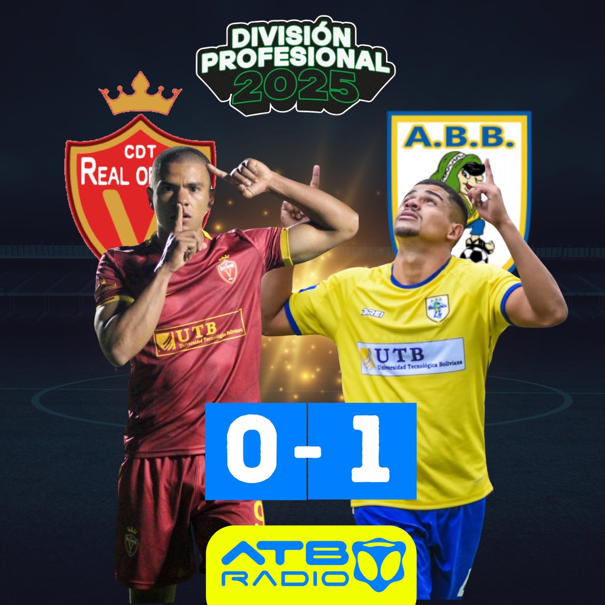 Resultados de la #DivisionProfesional2025 📷📷📷
El CLUB A.B.B se consagra con la victoria en tierras orureñas por la mínima diferencia.
#ATB #Radio #ATBRadio #ClubABB #RealOruro #DivisionProfesional #parativiral #fypシ