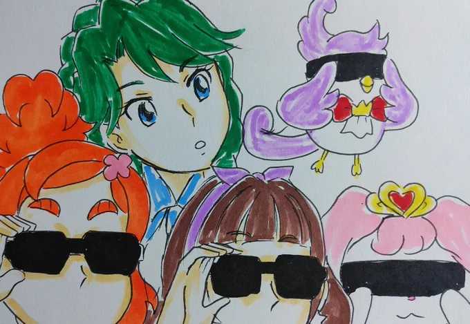 #ゴープリ10周年なので海藤みなみさん3733枚描いてお祝い(335,336)ゴープリ10話見てたラクガキ。1人だけ遅れてスチャするみなみさん面白い。 