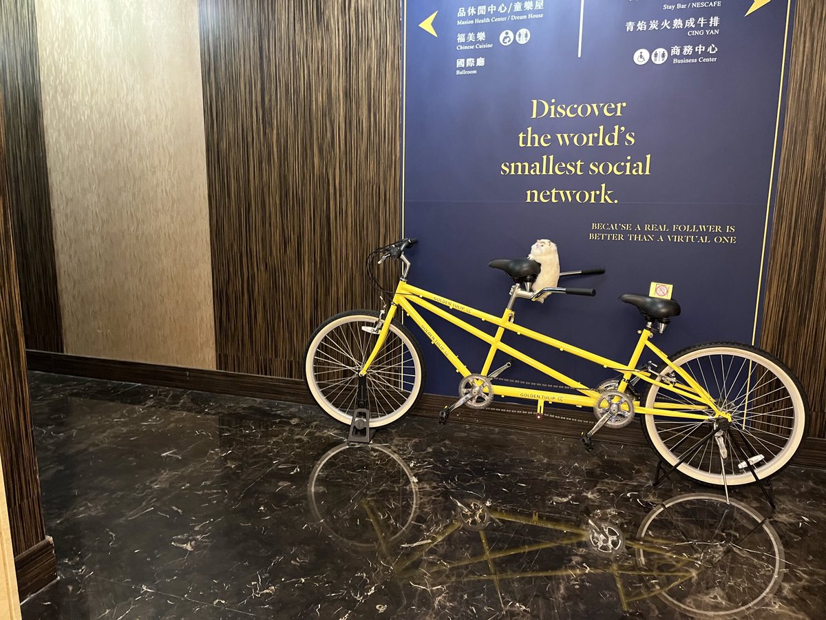 IDearest2's tweet photo. 台湾をタンデム自転車でツーリング中。宿泊先のホテル、ゴールデンチューリップのロビーにはタンデム自転車が飾り付けされてる❤️❤️ https://t.co/M1ICRN7nWg