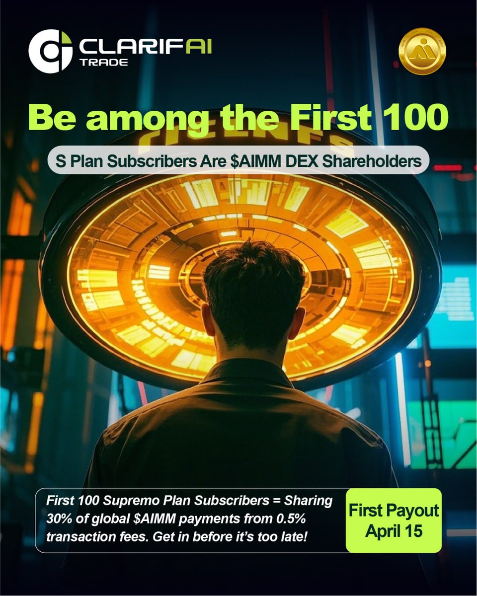 ClarifAI_Trade's tweet photo. 🚀Be among the first 100!🚀

Join the Supremo Plan &amp; become an $AIMM DEX Shareholder! 

The first 100 subscribers will share 30% of global $AIMM transaction fees, don't miss out!  

#ClarifAITrade #CAI #AIMM #GM #blockchain #Crypto #AITrading #AI #CryptoTrading #btc #eth #doge https://t.co/Mq4RFvvkGb