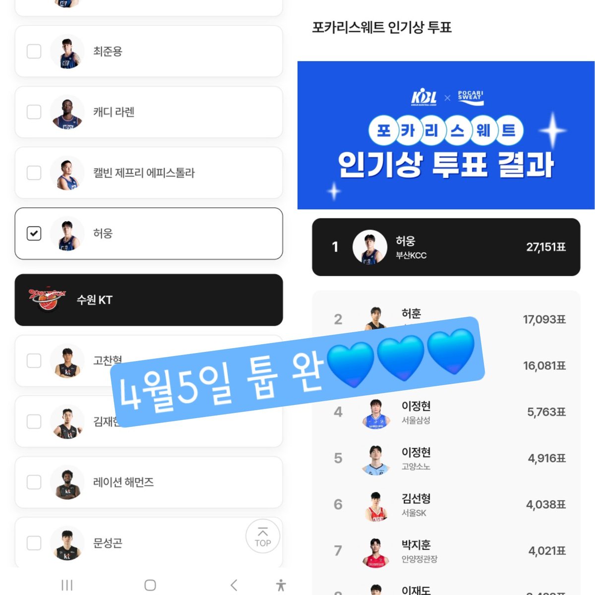 4월5일 툽 완💙💙💙허웅🔥🔥🔥