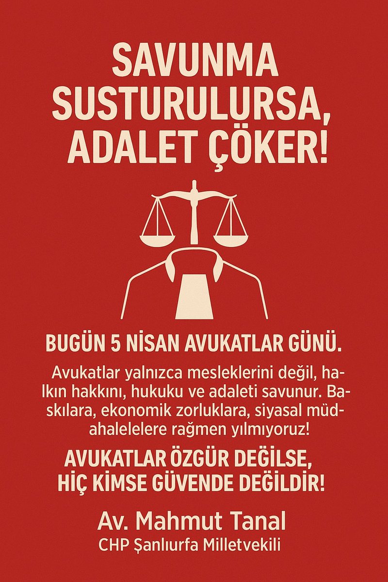 Savunma susturulursa, adalet çöker!

5 Nisan Avukatlar Günü; yalnızca bir kutlama günü değil, aynı zamanda savunma hakkını, hukukun üstünlüğünü ve adalet mücadelesini hatırlatma günüdür.

Avukatlar; yargının kurucu unsurudur. Ancak bugün hem ekonomik baskılarla hem de siyasal