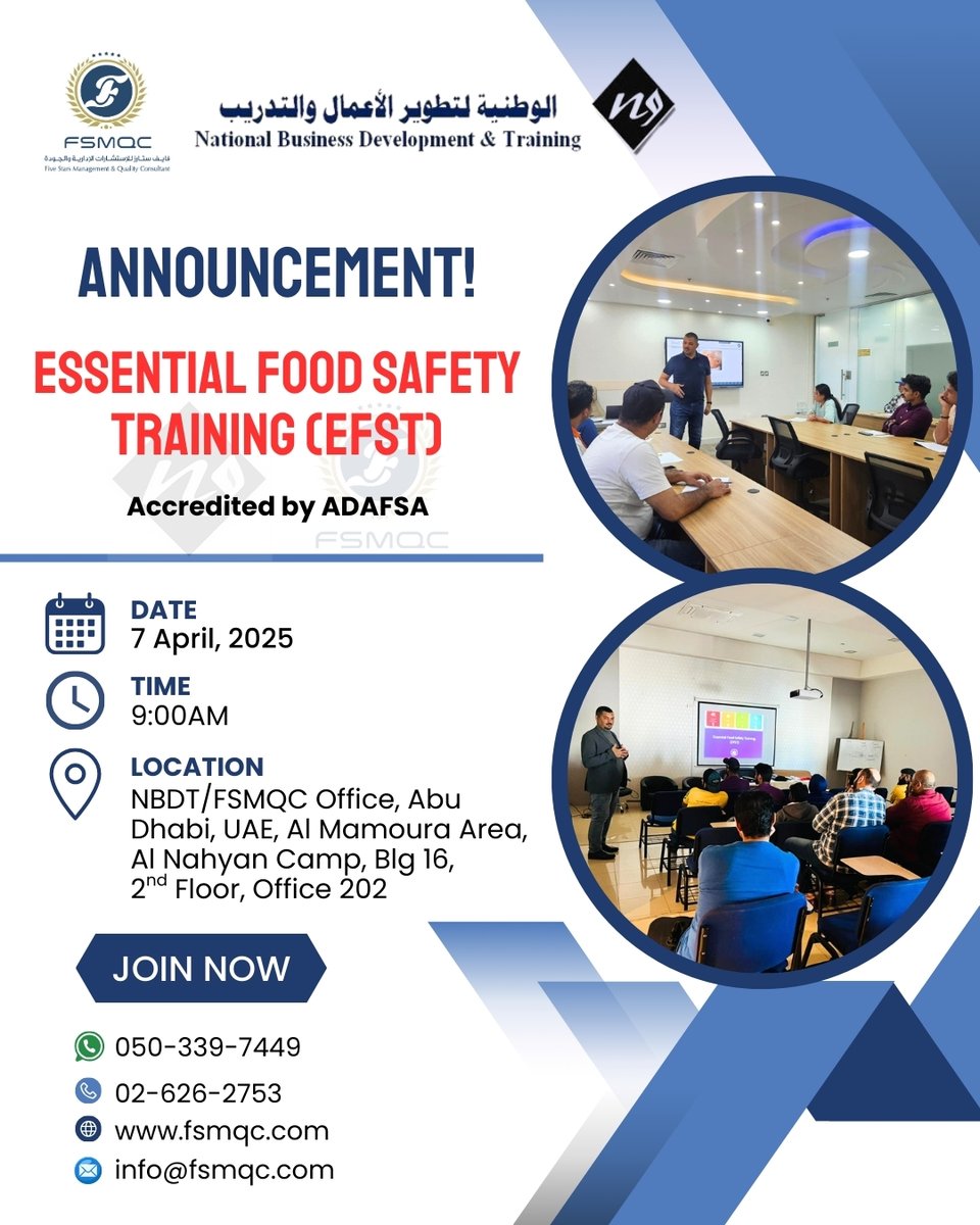 fsmqc's tweet photo. As mandated by ADAFSA, all food handlers are required to complete this training. This is a crucial opportunity to enhance your knowledge and ensure compliance with food safety standards.

We look forward to your participation! 

Call/Message/Whatsapp: 050-339-7449 / 02-626-2753 https://t.co/Mkgz1Pxno7