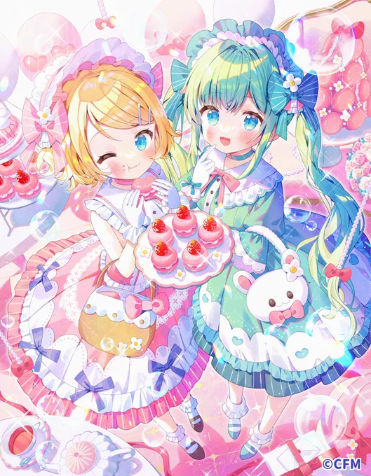 【お仕事】改めまして、初音ミクカレンダー2025の3月のイラストを担当させていただいておりました。ミクさんとリンちゃんのお洋服を考えるのがとっても楽しかったです!#初音ミク #鏡音リン 