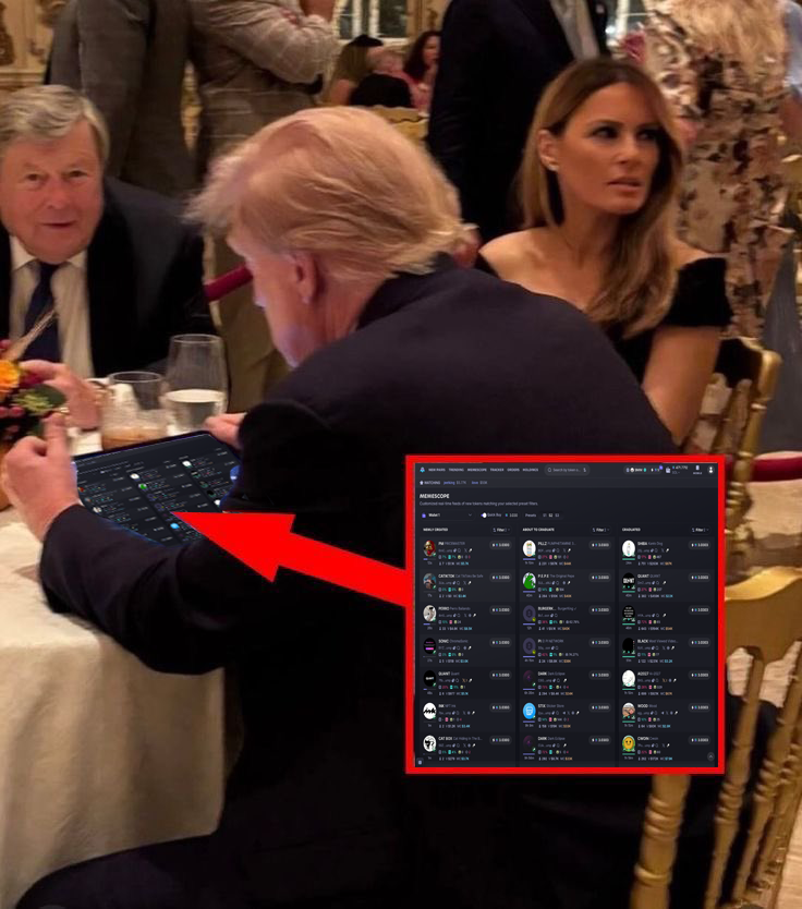 OrangeSBS's tweet photo. leaked image of trump trenching and sniping new pairs on memescope https://t.co/d64bInScXY