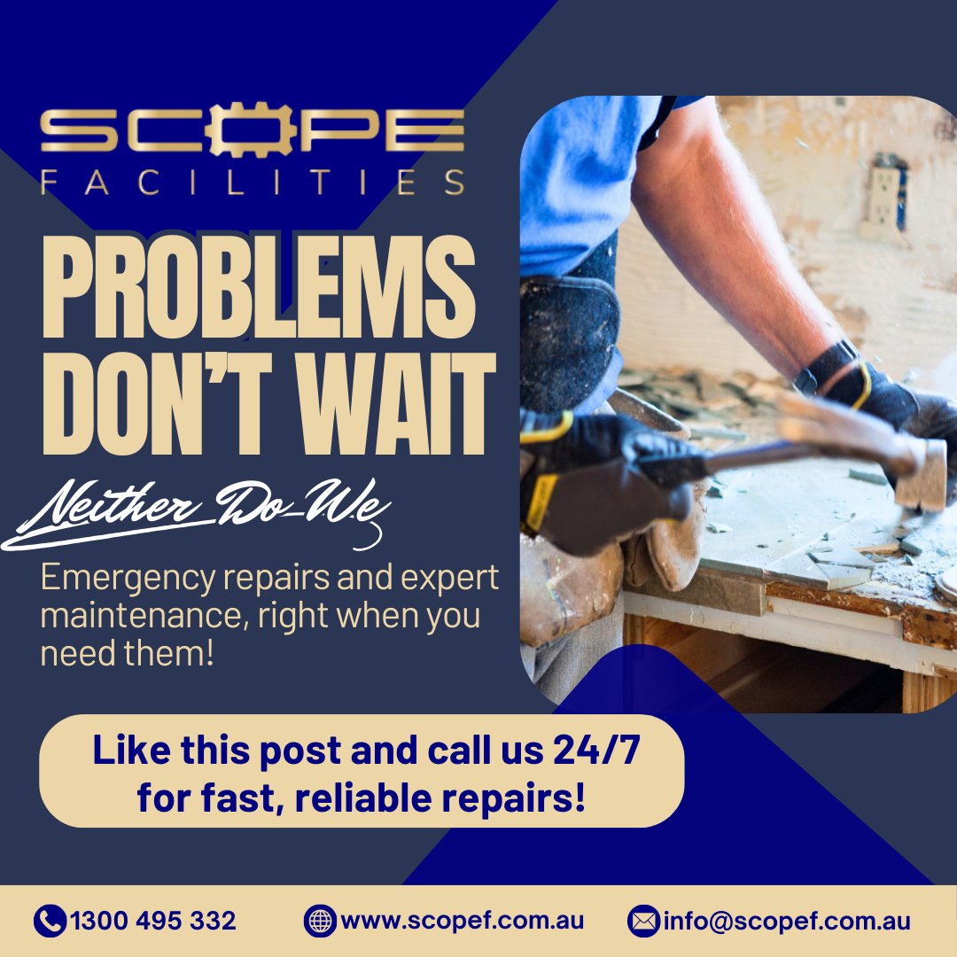 au_scope's tweet image. ⚡ Emergency repairs &amp;amp; expert maintenance—exactly when you need them! 🔩🏢 Stay stress-free with fast, reliable service. Like this post &amp;amp; contact Scope Facilities now! 🚀🔧 #FastRepairs #ScopeFacilities #AlwaysReady