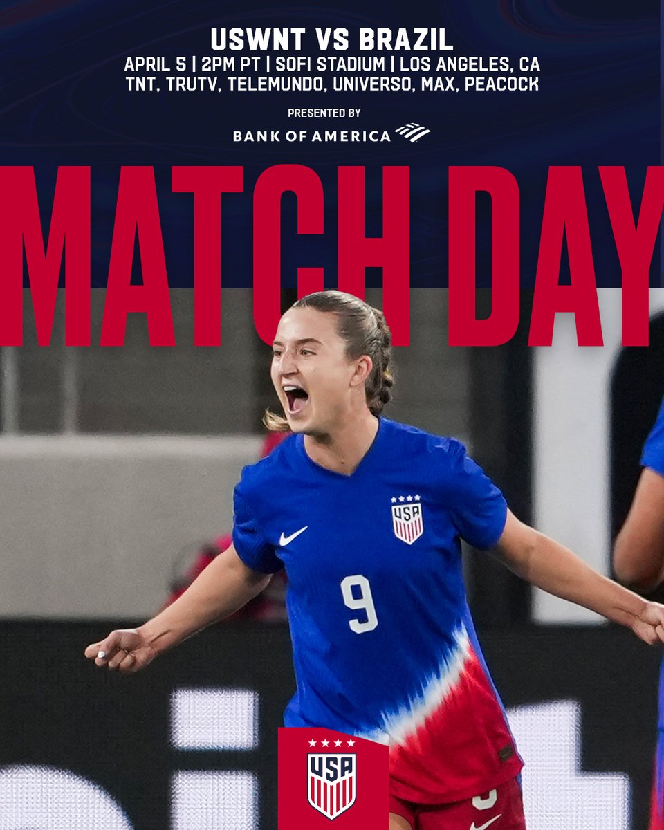 U.S. Women's National Soccer Team (@uswnt) on Twitter photo HAPPY MATCHDAY IN LA!
🇺🇸 USA vs. Brazil 🇧🇷
🏟️ SoFi Stadium
🕔 5 PM ET
🖥️ TNT | truTV | Telemundo | Universo | Max | Peacock
#USWNT x <a href="/BankofAmerica/">Bank of America</a> HAPPY MATCHDAY IN LA!
🇺🇸 USA vs. Brazil 🇧🇷
🏟️ SoFi Stadium
🕔 5 PM ET
🖥️ TNT | truTV | Telemundo | Universo | Max | Peacock
#USWNT x <a href="/BankofAmerica/">Bank of America</a>
