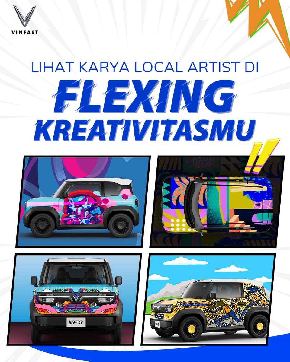 VinFastID's tweet photo. Para local artist juga ikutan unjuk kreasi di VF 3 Competition: Flexing Kreativitasmu nih, VinFam!

Seru banget liat kreasi tanpa batas dari para lokal artist ini untuk VinFast VF 3. 😎

#VinFastVF3 #ImajinasiTanpaBatas #FlexingKreativitasmu #VinFastIndonesia https://t.co/H6G7JUE0rh