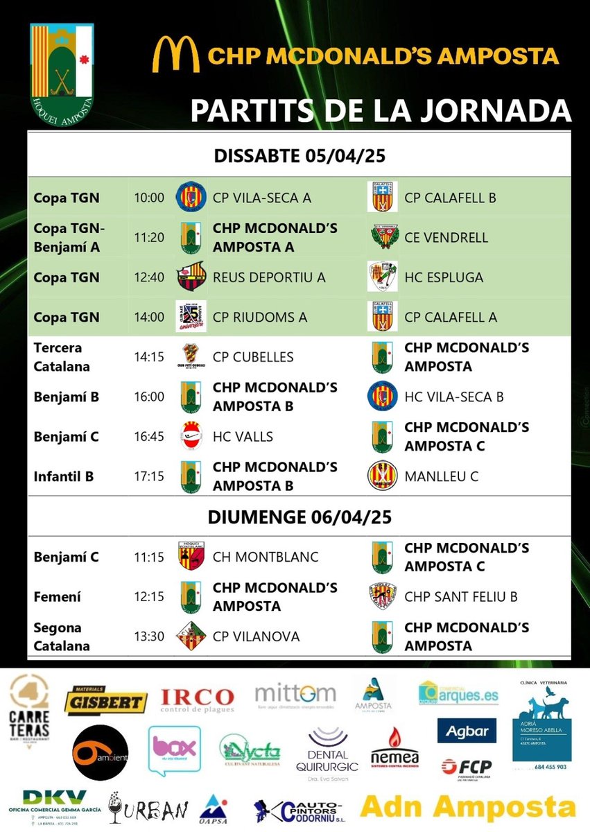 📅 Calendari de partits #ChpMcDonaldsAmposta
I també fases finals Copa Tarragona #hoquei 🏑🥅 Benjamí Or 🏅