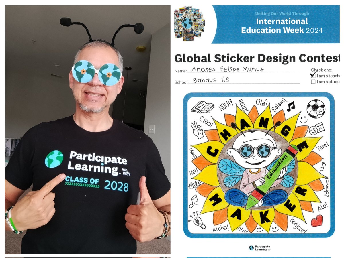 ProFelipeMunoz's tweet photo. We are so excited with our bottles &amp; stickers! Amazing🤩 Thanks @ParticipateLrng for this initiative... my student Layla won the HS category, and I won the teacher category! YAY! #UnitingOurWorld Que bonito se ven! 😍 https://t.co/vsTDboJzA8