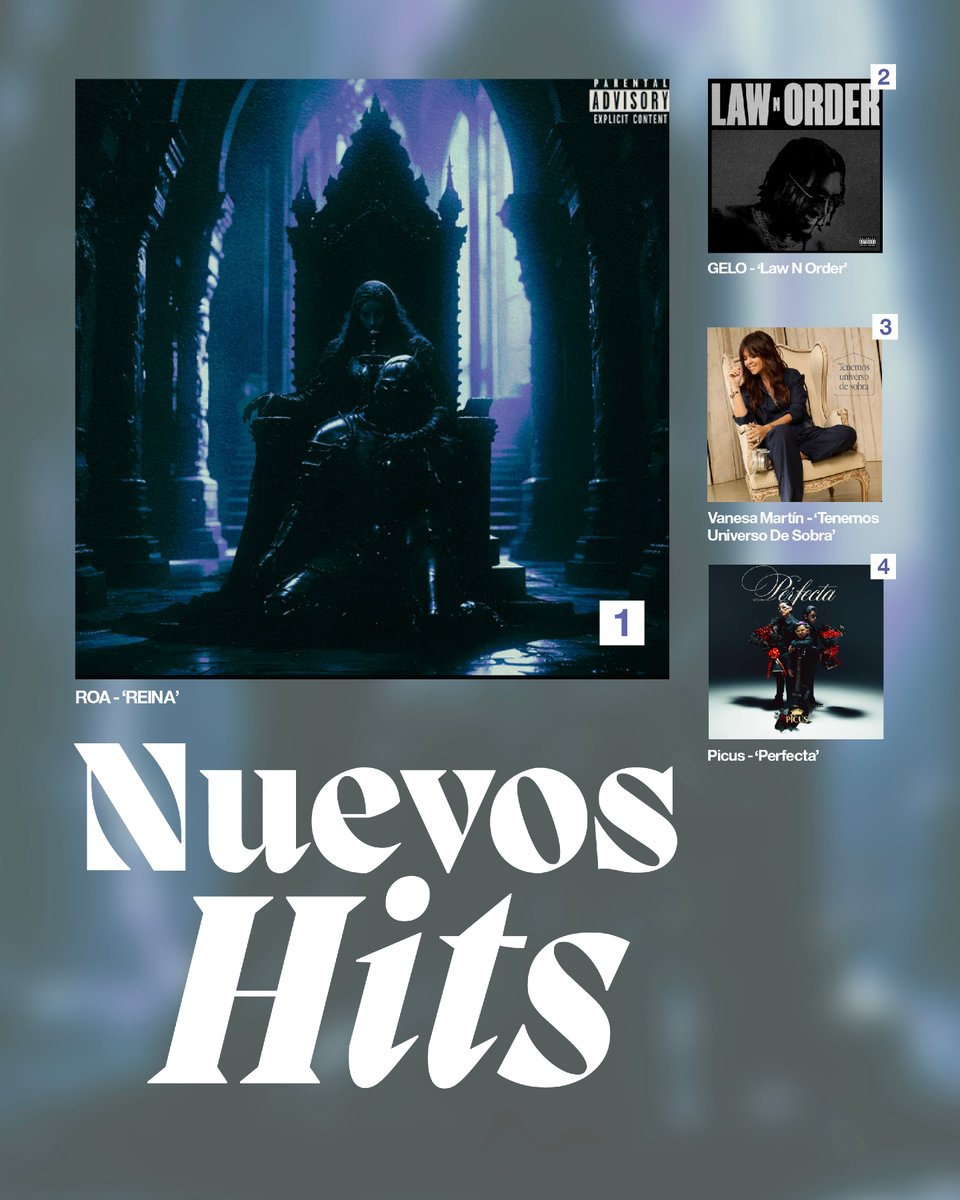 UniversalMusicE's tweet image. ¿Aún con espacio en tu playlist? 👀✨ Aquí va la segunda parte de los lanzamientos de esta semana que no te puedes perder 🔥🎧👇

#ROA – 'REINA'  
#GELO - 'Law N Order'
#VanesaMartín - 'Tenemos Universo De Sobra' 
#Picus - 'Perfecta'