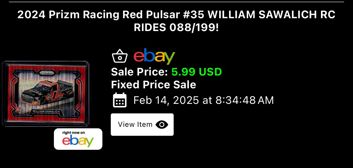 ScickCards's tweet photo. Recent sale of $6 on the Sawalich

Found a similar comp at $10 on Kvapil (Maybe more? I feel like the copy of him on the card would be worth more than just the car. Idk) https://t.co/kFY6Jmw8qB