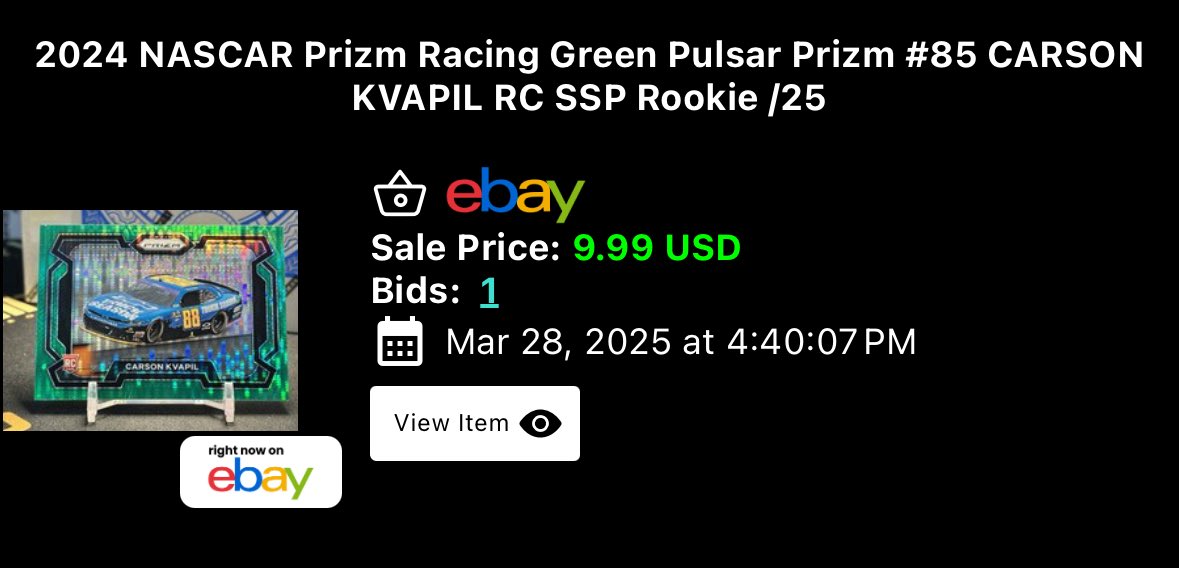 ScickCards's tweet photo. Recent sale of $6 on the Sawalich

Found a similar comp at $10 on Kvapil (Maybe more? I feel like the copy of him on the card would be worth more than just the car. Idk) https://t.co/kFY6Jmw8qB