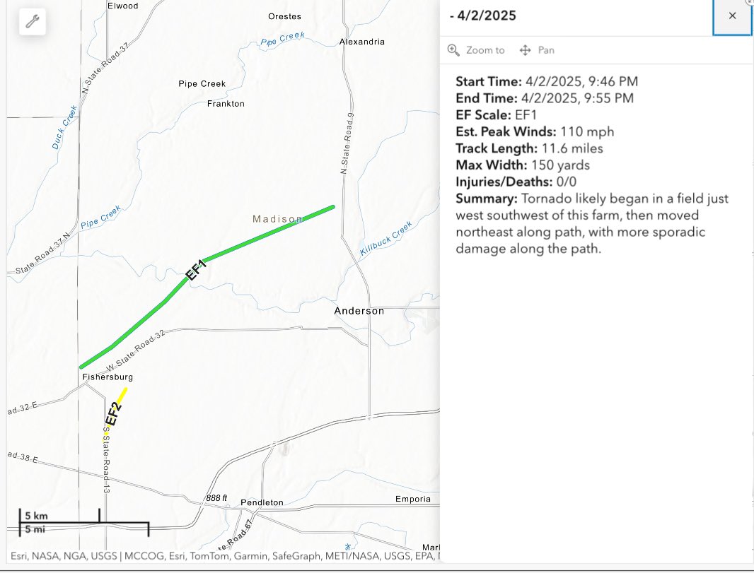 NLIWeather's tweet photo. The National Weather Service in Indianapolis has determined that three tornadoes touched down in the NLI viewing area Wednesday. 
- The Delaware County tornado that did major damage to houses, trees, and power lines along IN-28 was an EF2 with peak winds of 125 mph. (1/3) #INwx https://t.co/w6yFIejVHA