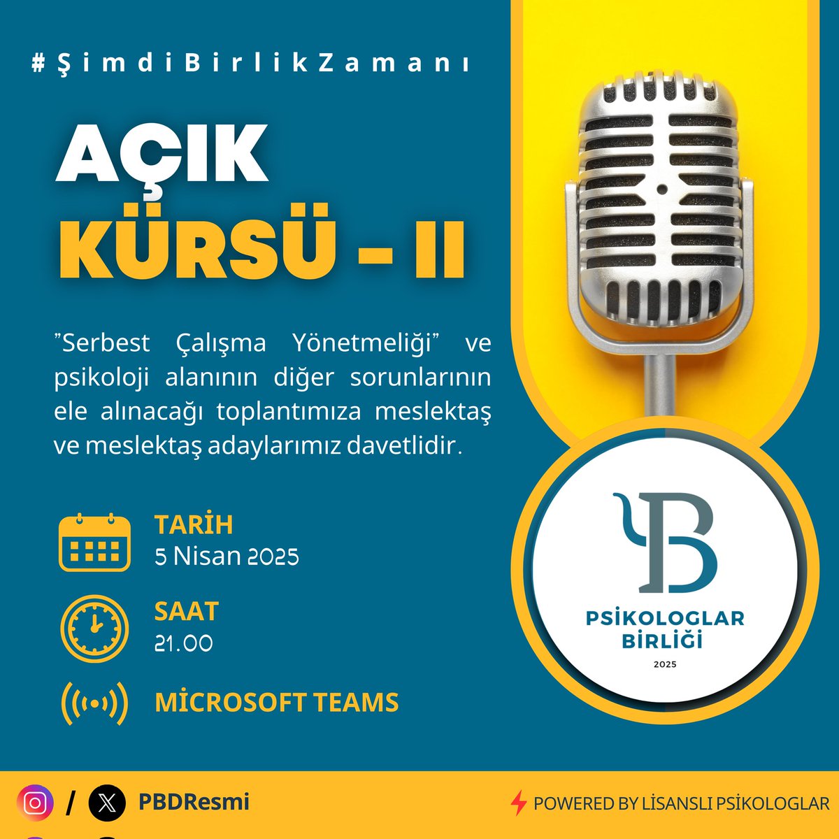 "AÇIK KÜRSÜ - II"

"Serbest Çalışma Yönetmeliği" ve psikoloji alanının diğer sorunlarının ele alınacağı toplantımıza meslektaş ve meslektaş adaylarımız davetlidir.

🗓️ 5 Nisan 2025 - Cumartesi (Bugün)
🕐 21.00
📌 Microsoft Teams 
🔗 teams.microsoft.com/l/meetup-join/…

⚠️ İlk 1000 kişi aktif