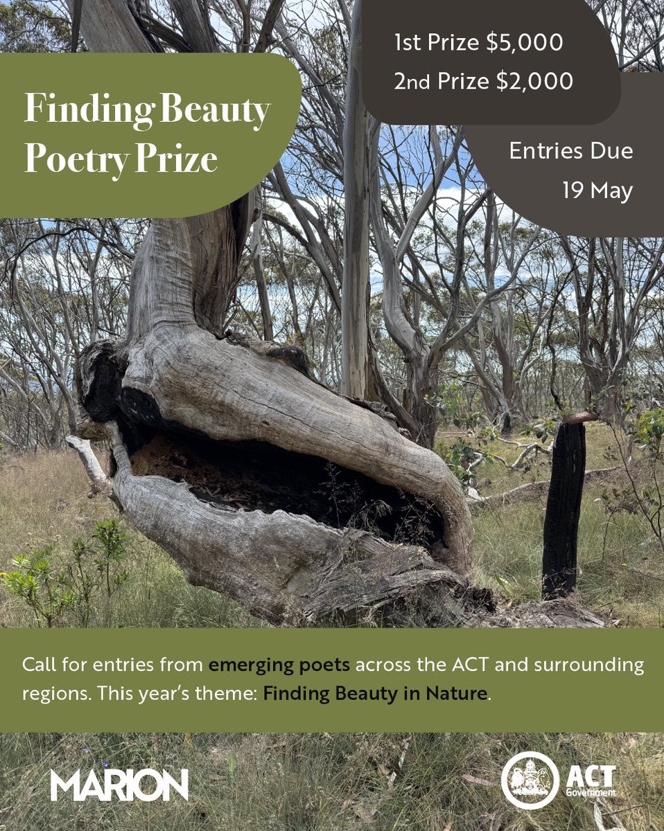 MARION (@marion_writers) on Twitter photo š£ Calling emerging poets for The Finding Beauty Prize. Poets in & around the ACT are encouraged to respond to the theme Finding Beauty in Nature - Entries Due 19 May. Check eligibility + Info: marion.ink/finding-beautyā¦
1st Prize $5,000
2nd Prize $2,000
<a href="/AusPoetry/">Australian Poetry</a> <a href="/OzPoetrySlam/">Australian Poetry Slam</a> š£ Calling emerging poets for The Finding Beauty Prize. Poets in & around the ACT are encouraged to respond to the theme Finding Beauty in Nature - Entries Due 19 May. Check eligibility + Info: marion.ink/finding-beautyā¦
1st Prize $5,000
2nd Prize $2,000
<a href="/AusPoetry/">Australian Poetry</a> <a href="/OzPoetrySlam/">Australian Poetry Slam</a>
