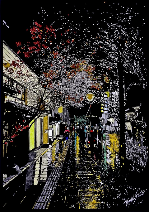 #力作だと思う作品を見せて雨上がりの濡れた街中を切り絵で表現した作品です 