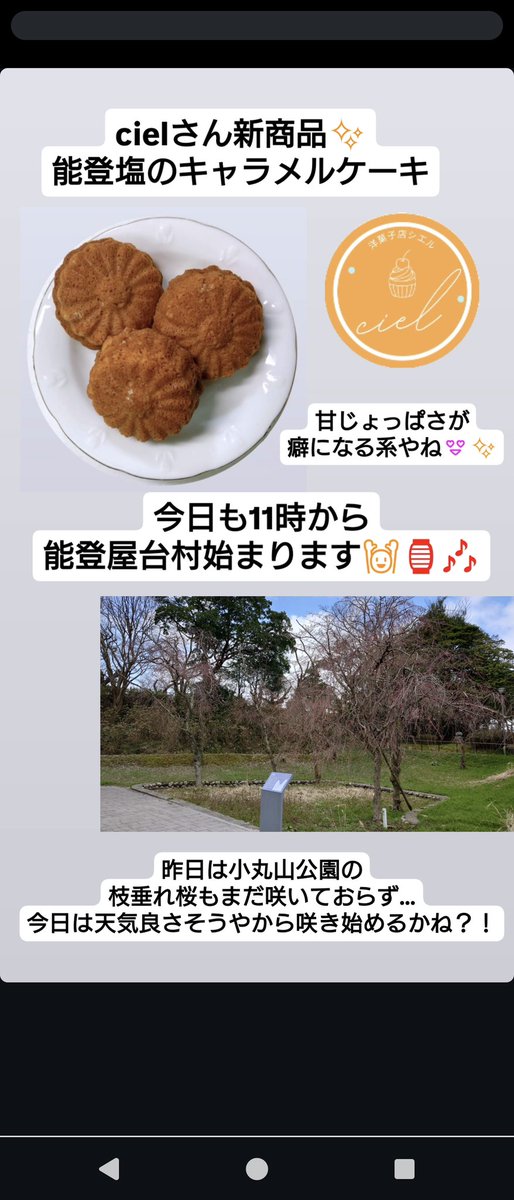 notoyataimura_'s tweet photo. 今日も11時から能登屋台村始まります🙌🏮🎶

cielさん新商品✨
能登塩のキャラメルケーキ
甘じょっぱさが癖になる系やね😍✨

昨日は小丸山公園の枝垂れ桜もまだ咲いておらず…
今日は天気良さそうやから咲き始めるかね？！ https://t.co/HudDJrWv1x