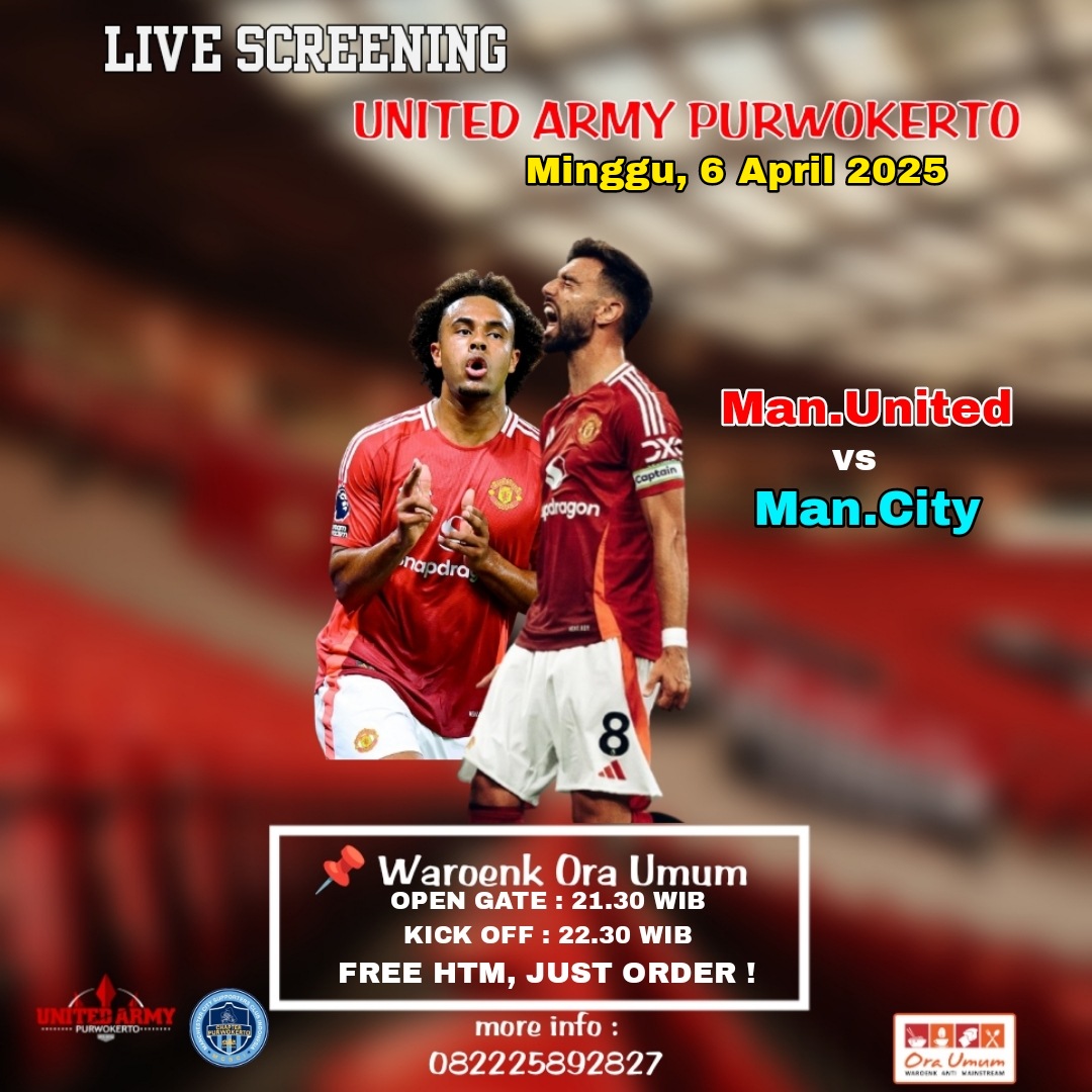 Live screening Derby Manchester
Bersama <a href="/mcsci/">Matthew F Cybulski</a>.purwokerto
Manchester United vs Manchester City
Minggu, 6 April 2025
Kick off : 22.30 WIB
Open Gate : 21.30 WIB
Venue : Waroenk Ora umum
Free HTM, just order !
Datang dan ramaikan !