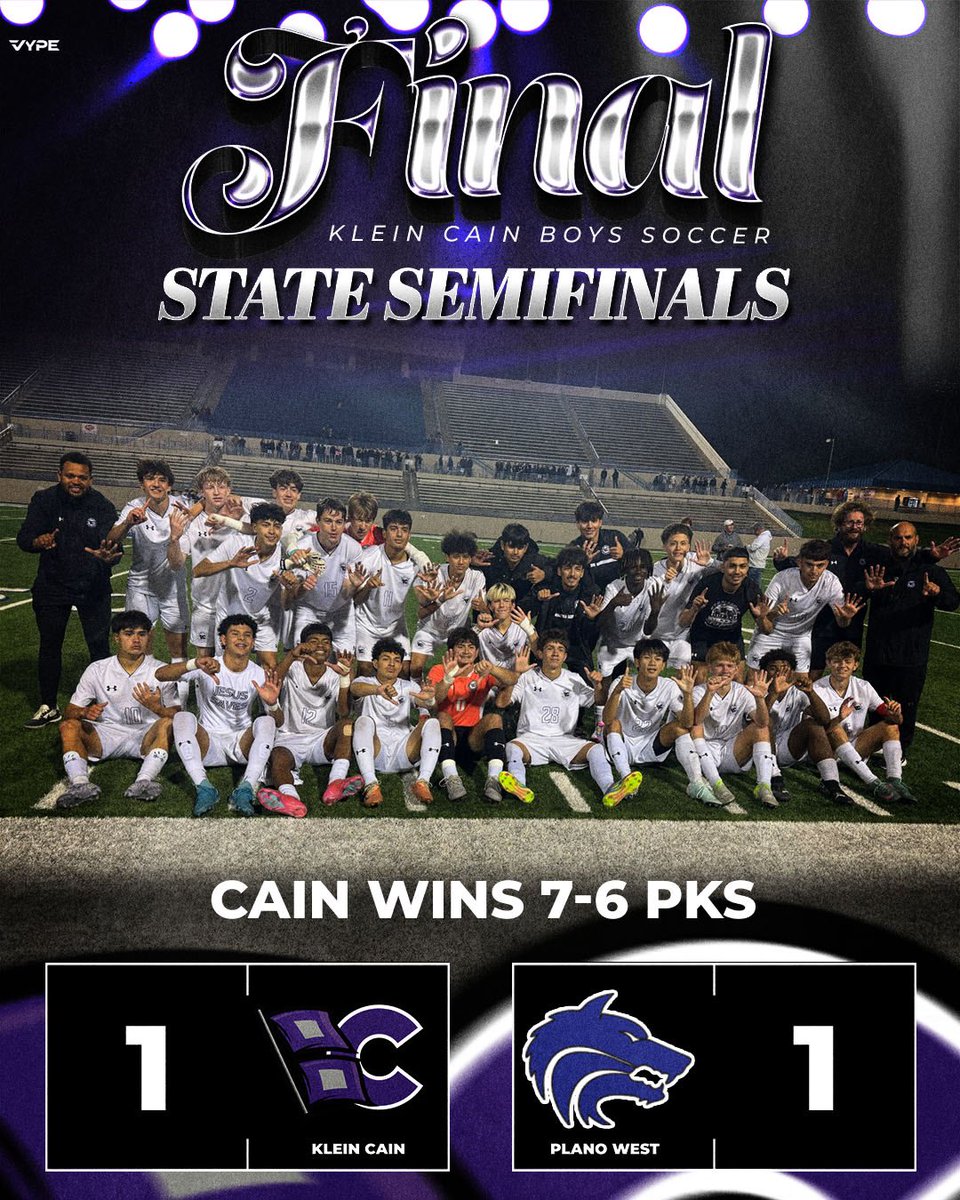 HURRICANES WIN!

In a thrilling match, the Klein Cain Hurricanes secured their spot in the State Championship by defeating Plano West. 

After a 1-1 tie in regulation, the Hurricanes clinched the victory in penalty kicks. 

Next up: the State Final!

#ReignCain

<a href="/KCAINATHLETICS/">Klein Cain Athletics</a>