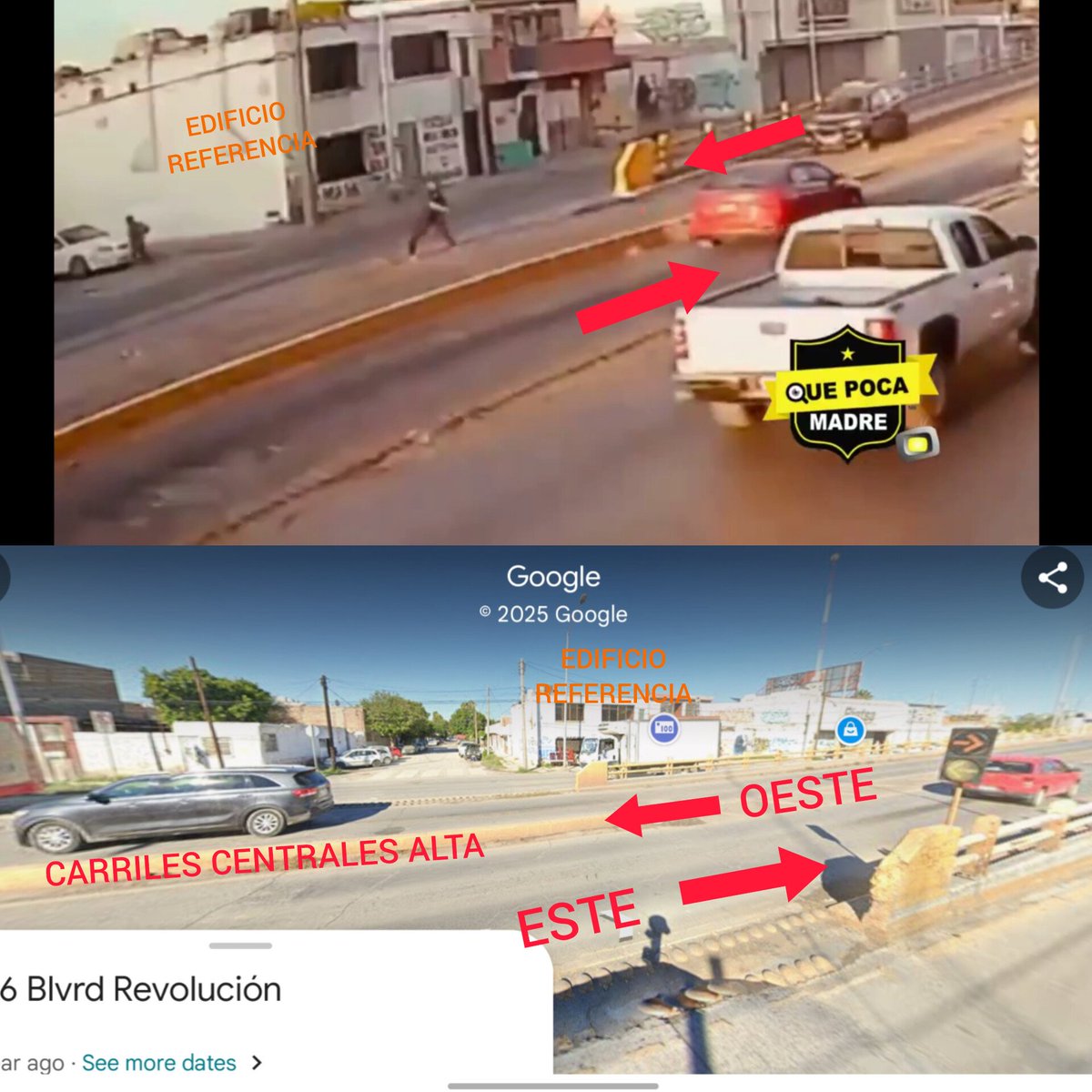 Serchsheko's tweet photo. @QuePocaMadre_Mx No soy perito.
Lugar del accidente.
La Toyota negra no venía en sentido contrario.
La camioneta venia saliendo (de bajada) del carril de alta del puente vehicular. https://t.co/mERPV87ylX