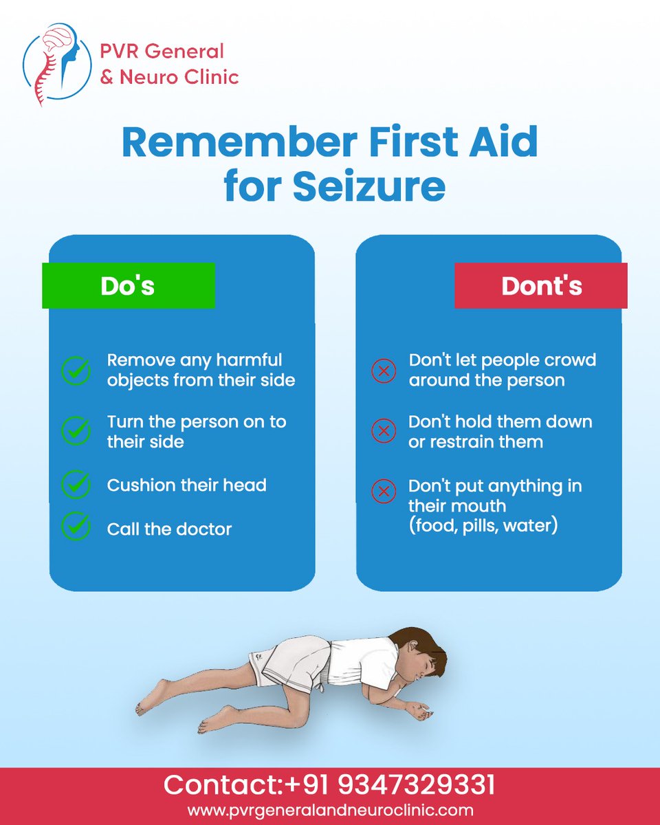PVRGenralNeuro's tweet photo. Seizure First Aid – Know what to Do!

Seizures can happen anytime, anywhere. Knowing what to do can save a life!  

🔹 Keep the area safe  
🔹 Turn the person to their side  
🔹 Stay with them &amp; call a doctor  

Stay calm &amp; help safely! Sharing this can save a life. 

#Seizure https://t.co/VP2eGpa7Vr