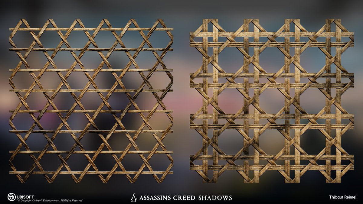 Thibaut_Reimel's tweet photo. Some behind the scenes of the work for #AssassinsCreedShadows , I wanted to share a quick and easy tip on how you can build any type of woven patterns using the Anisotropic Blur node : https://t.co/4Pz4UfHlNX