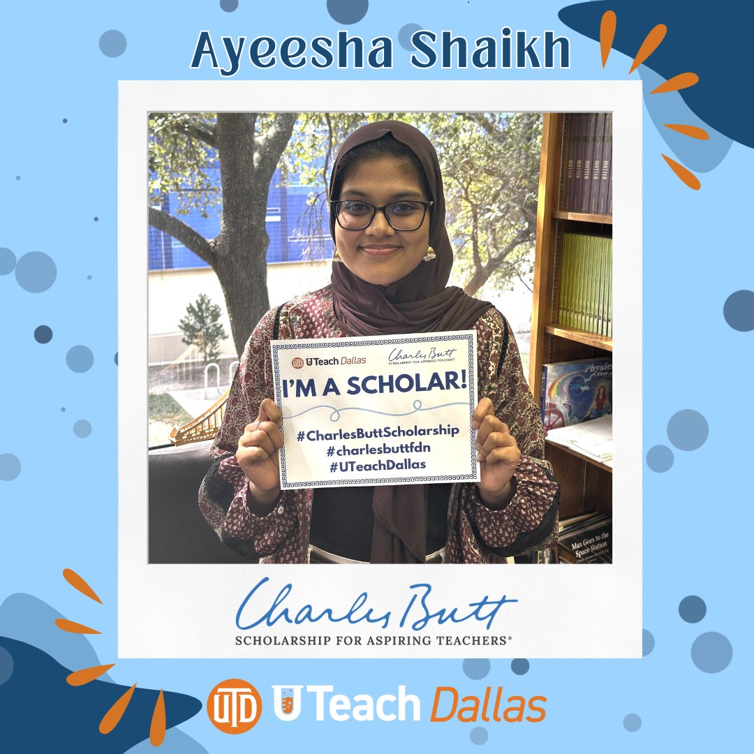 UTeach Dallas (@uteachdallas) on Twitter photo Our <a href="/CharlesButtFdn/">Charles Butt Foundation</a> #ScholarSpotlights have earned the #Scholarship for Aspiring Teachers. Ayeesha Shaikh is a Biochemistry major who is pursuing her UTeach Dallas #STEMEducation Minor in Science 7-12 along with her degree.
1/3 Our <a href="/CharlesButtFdn/">Charles Butt Foundation</a> #ScholarSpotlights have earned the #Scholarship for Aspiring Teachers. Ayeesha Shaikh is a Biochemistry major who is pursuing her UTeach Dallas #STEMEducation Minor in Science 7-12 along with her degree.
1/3