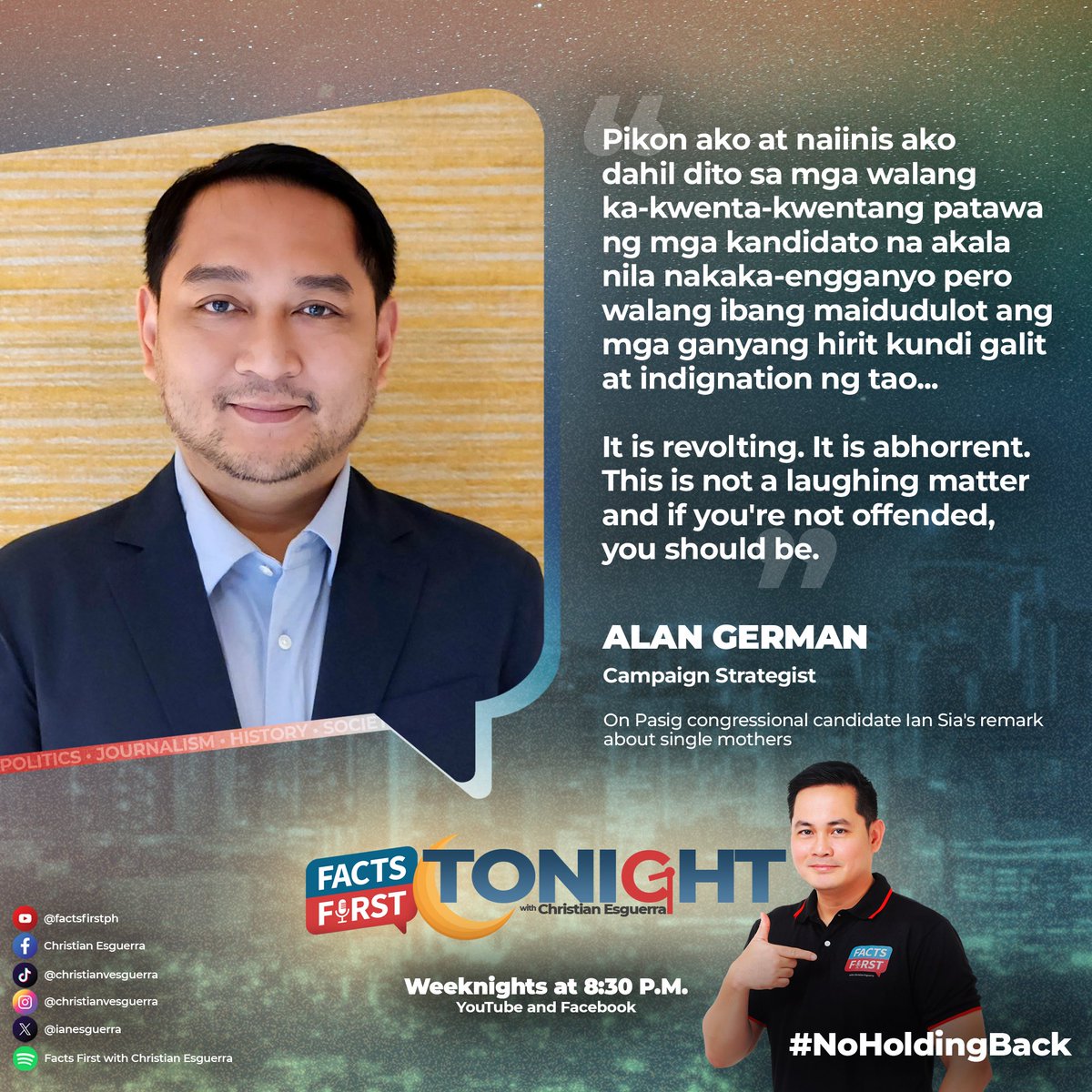 IanEsguerra's tweet photo. "It is revolting. It is abhorrent," campaign strategist Alan German on the sick joke by a Pasig congressional candidate on single moms

#FactsFirst https://t.co/1JhcjVwMuE