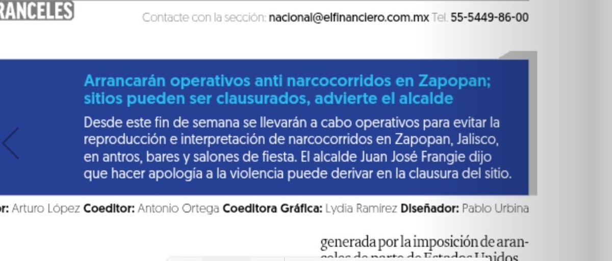 .<a href="/JuanJoseFrangie/">Juan José Frangie</a> anuncia que su personal de Inspección y Vigilancia de <a href="/ZapopanGob/">Gobierno de Zapopan</a> inicia operativos #antinarcocorridos con multas de hasta 30 mil pesos y sanciones de hasta clausuras de establecimientos.

Vía <a href="/ElFinanciero_Mx/">El Financiero</a>