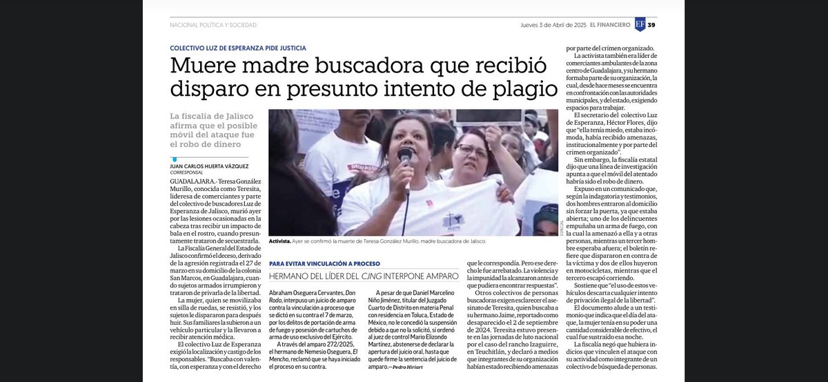.<a href="/FiscaliaJal/">Fiscalía del Estado de Jalisco</a> investiga el homicidio de Teresita, activista social y de personas desaparecidas.

Vía <a href="/ElFinanciero_Mx/">El Financiero</a>